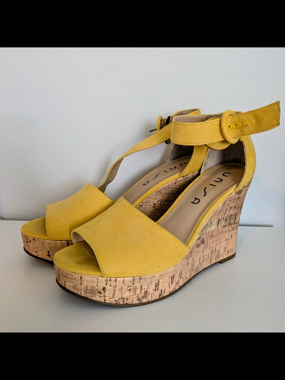 Unisa Yellow Suede Cork Wedge Sandals with Ankle Strap